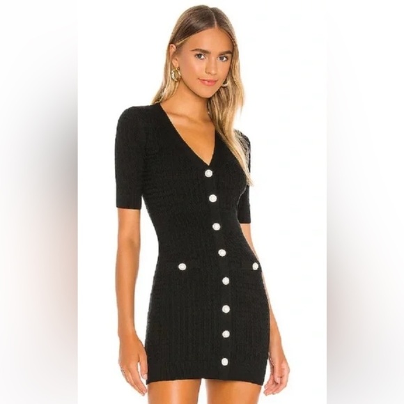 LOVERS + FRIENDS Bella Black Pearl Diamond like Button-Down Mini Sweater Dress - Picture 13 of 13